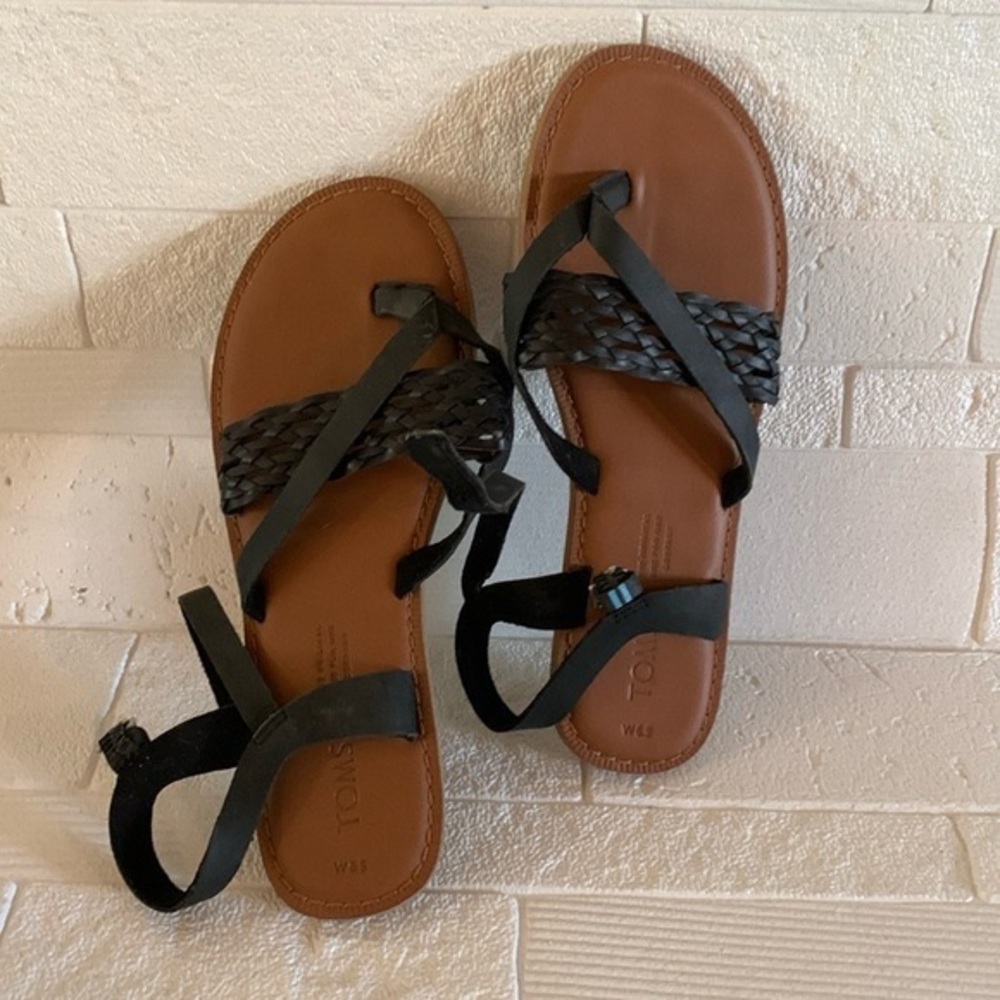 TOMS Brown Footbed Black Braided-Strap Women's Sandals